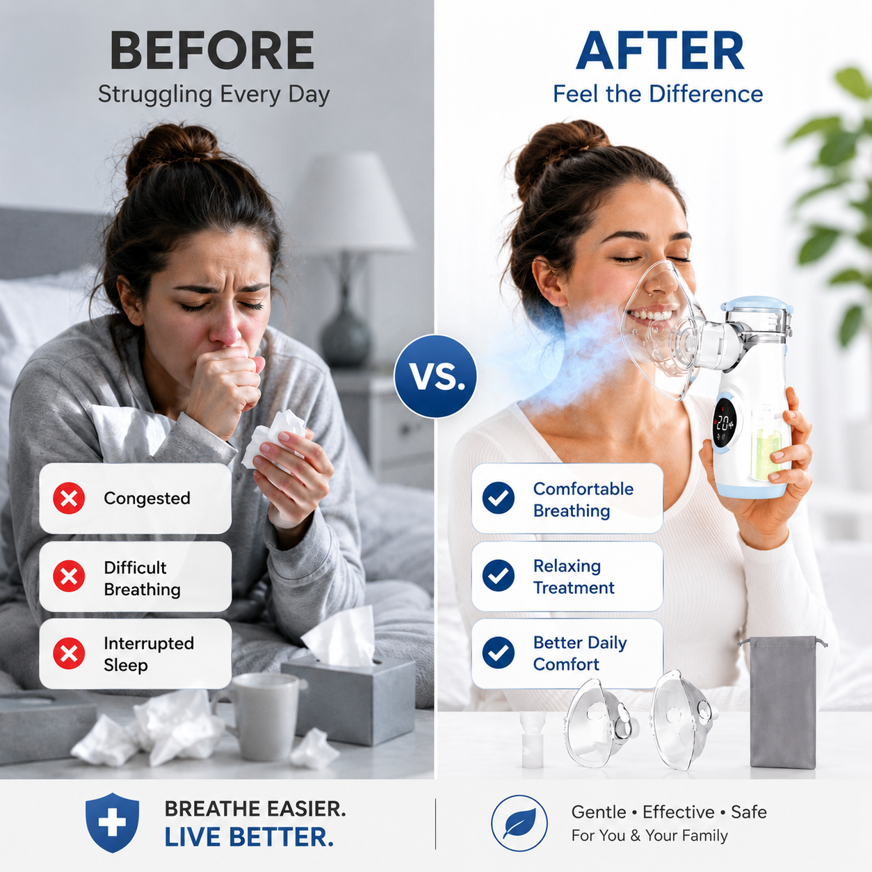 Before and after using the Felimia portable nebulizer